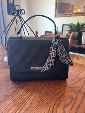 Anne Klein Black Quilted Satchel with Patterned Scarf Accent